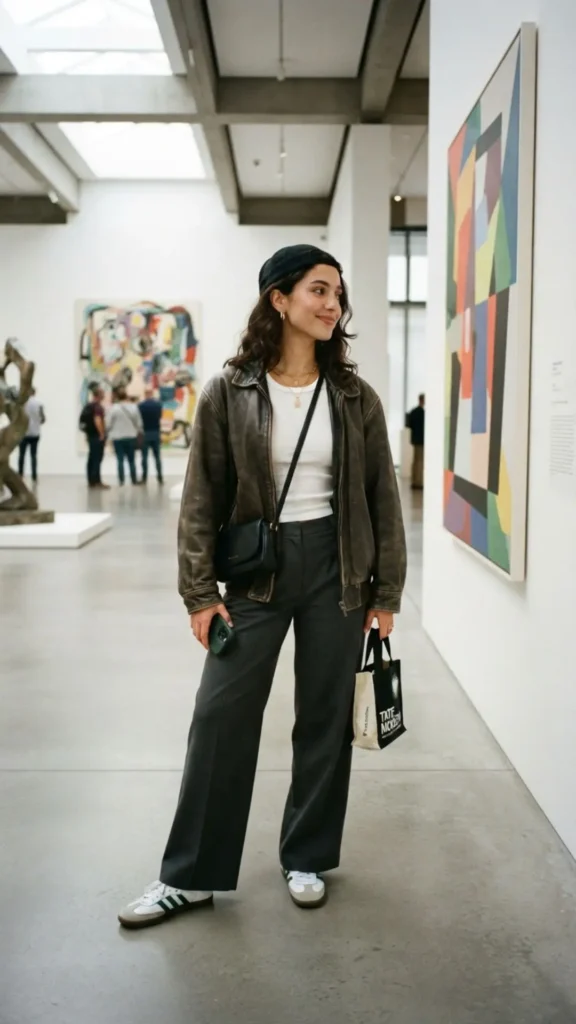 Cool-girl museum outfit with a button-down shirt and tailored pants