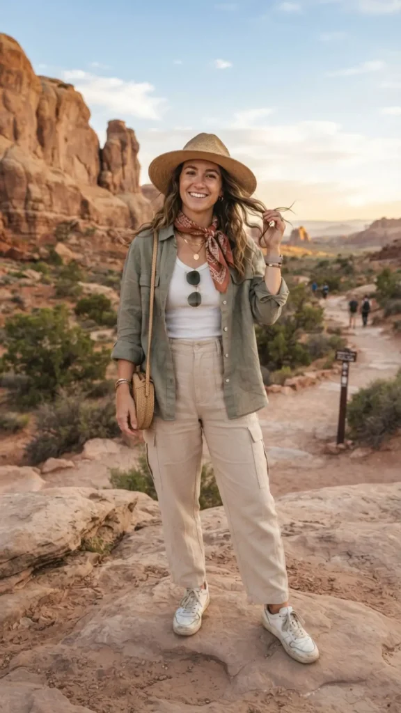 Desert vacation outfit with a lightweight kimono and flowy pants
