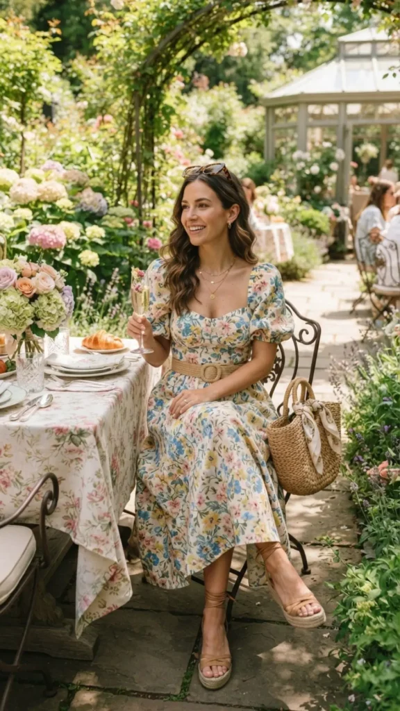 Garden brunch outfit with a flowy midi dress and woven handbag