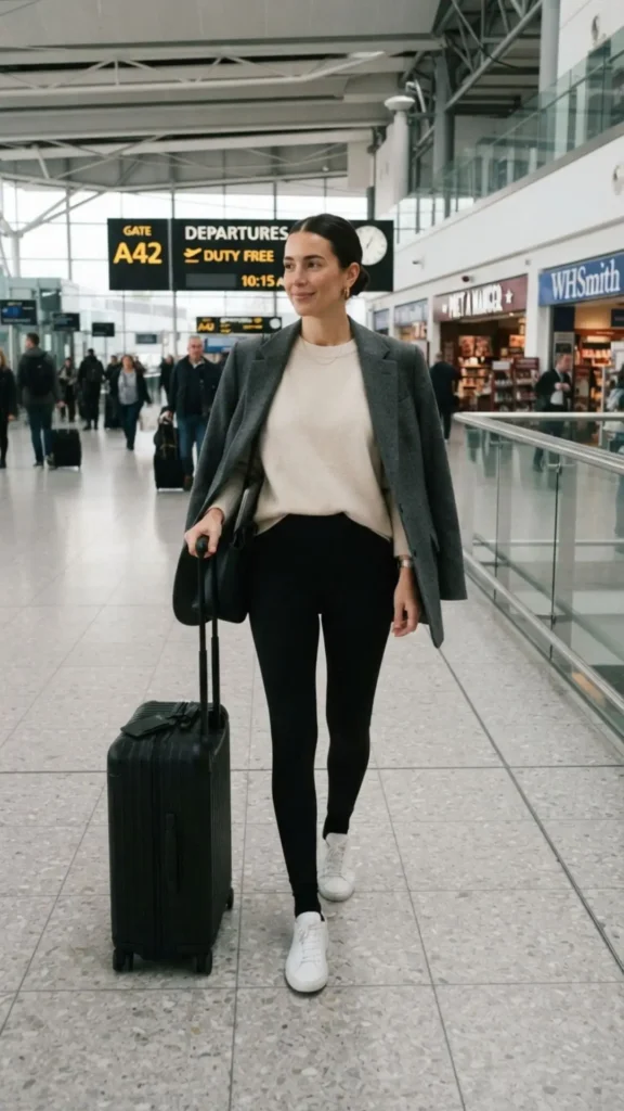 Minimalist airport outfit with a relaxed blazer and wide-leg trousers