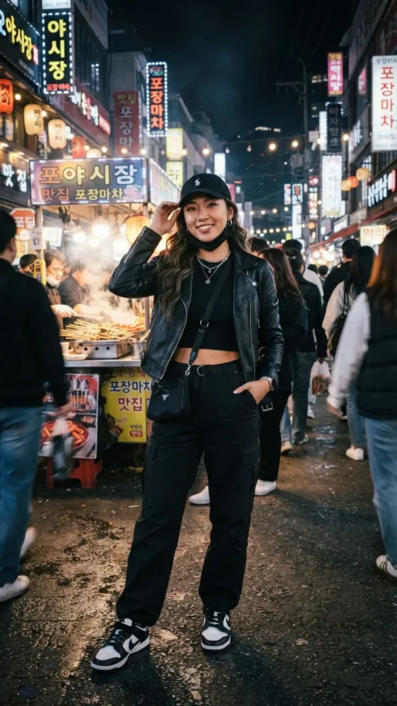 Monochrome night market outfit with a long skirt and tailored pieces
