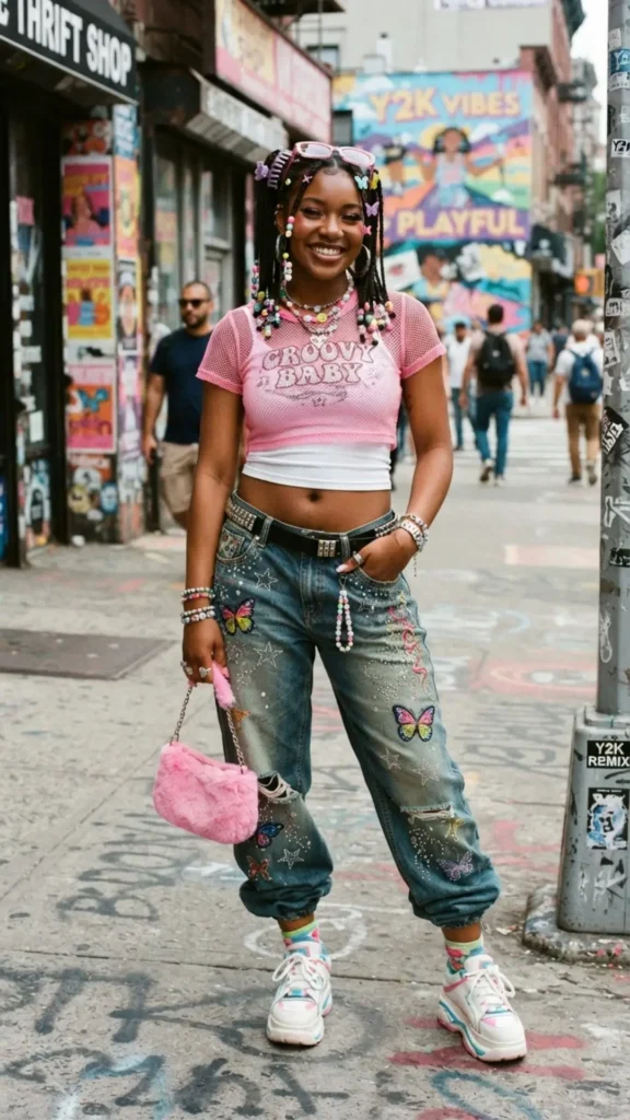 Playful Y2K outfit with wide-leg jeans and layered tops