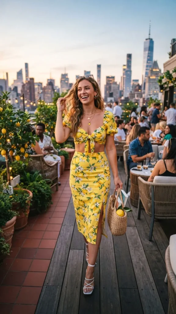 Vibrant rooftop outfit with a flowy maxi skirt and colorful blouse