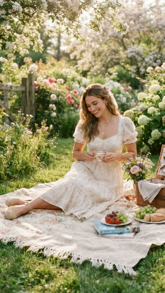 Romantic picnic outfit with a floral maxi dress and woven bag