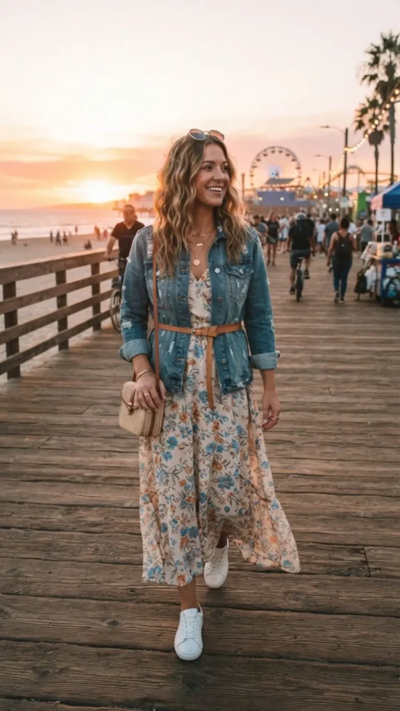 Sunset boardwalk outfit with a lightweight cardigan and flowing skirt