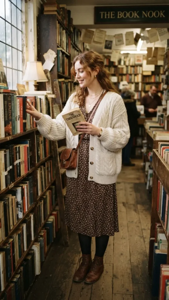 Vintage bookstore outfit with a midi skirt and oversized blouse