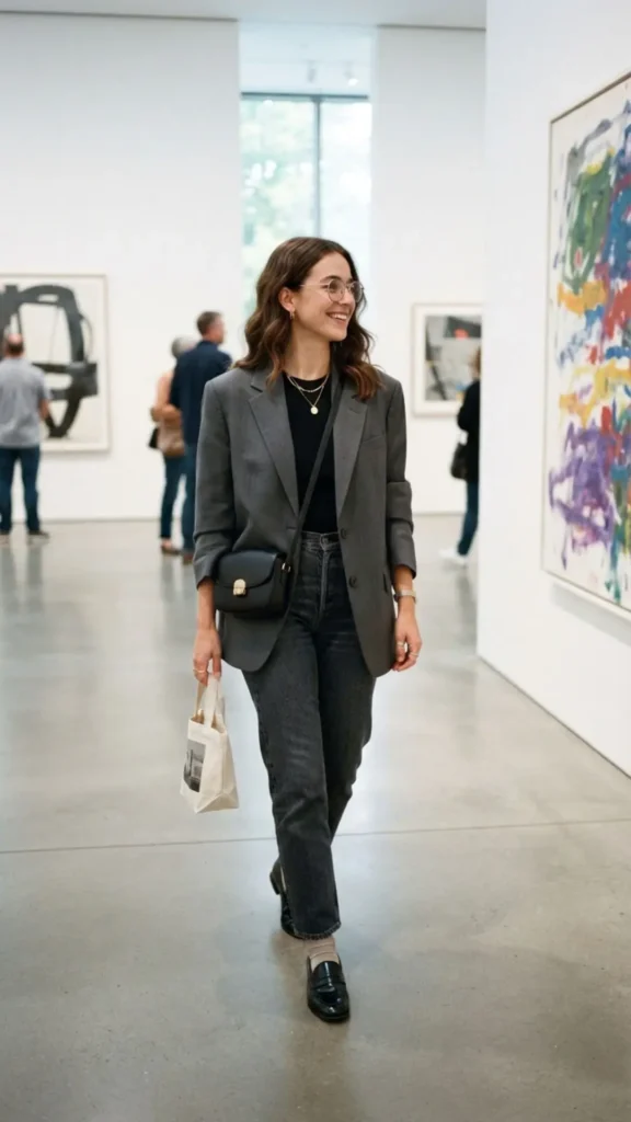 Weekend gallery outfit with a long skirt and structured blouse