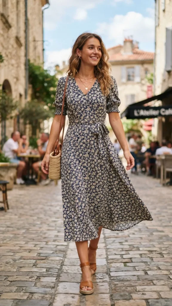 Tie-waist midi dress styled for a polished Labor Day celebration.