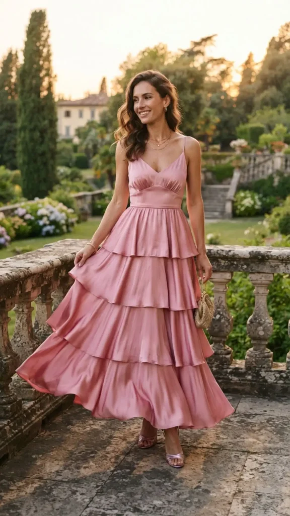 Feminine tiered pink silk dress with flowing layers, perfect for garden parties and summer celebrations.