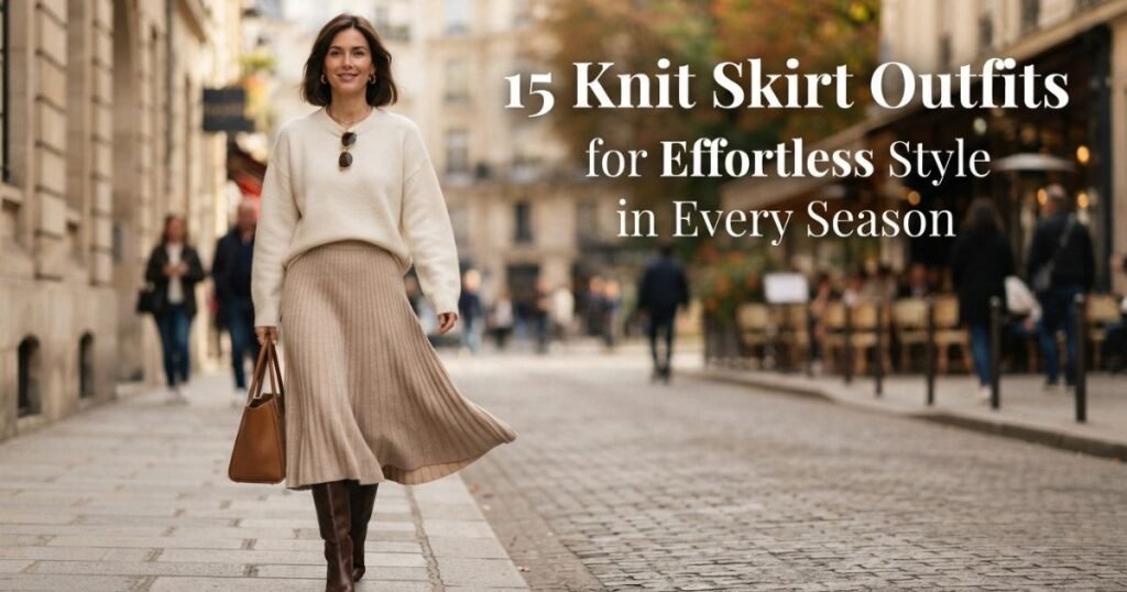 15 chic knit skirt outfits featuring cozy sweaters, stylish boots, neutral layers, and seasonal colors for everyday style.