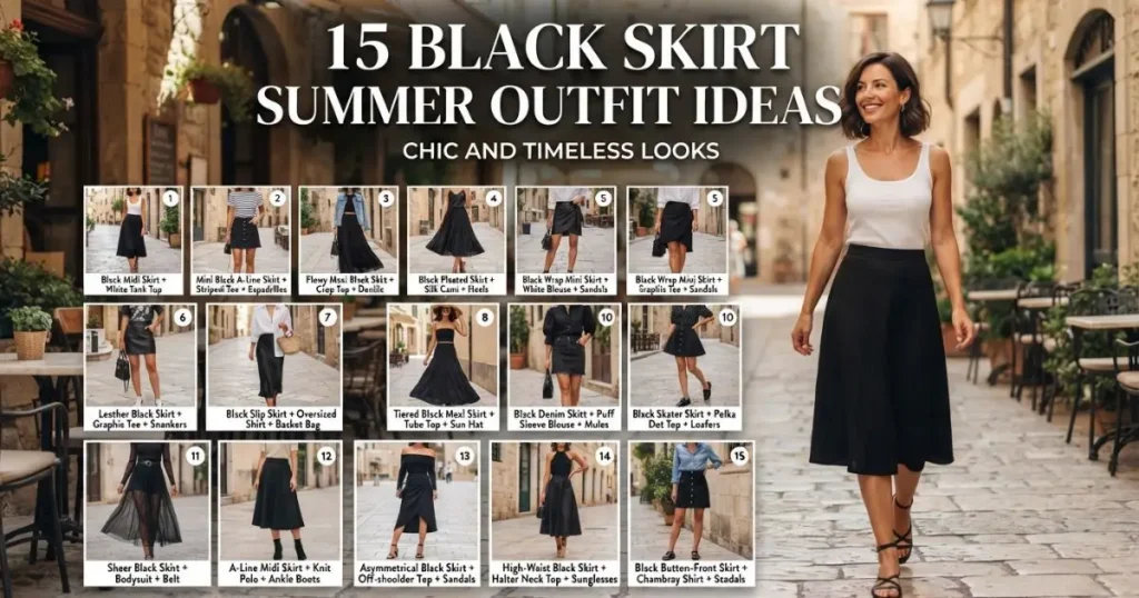 15 chic black skirt summer outfit ideas featuring stylish, timeless, and versatile warm-weather looks.