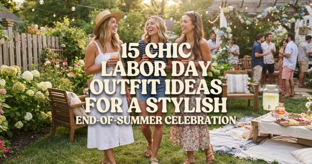 15 stylish Labor Day outfit ideas featuring chic dresses, skirts, trousers, denim, and festive end-of-summer looks.