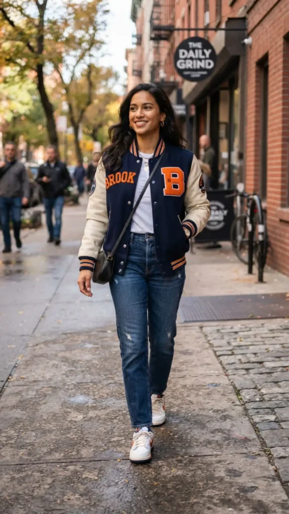 Varsity jacket paired with straight-leg jeans and sneakers for sporty casual fashion.