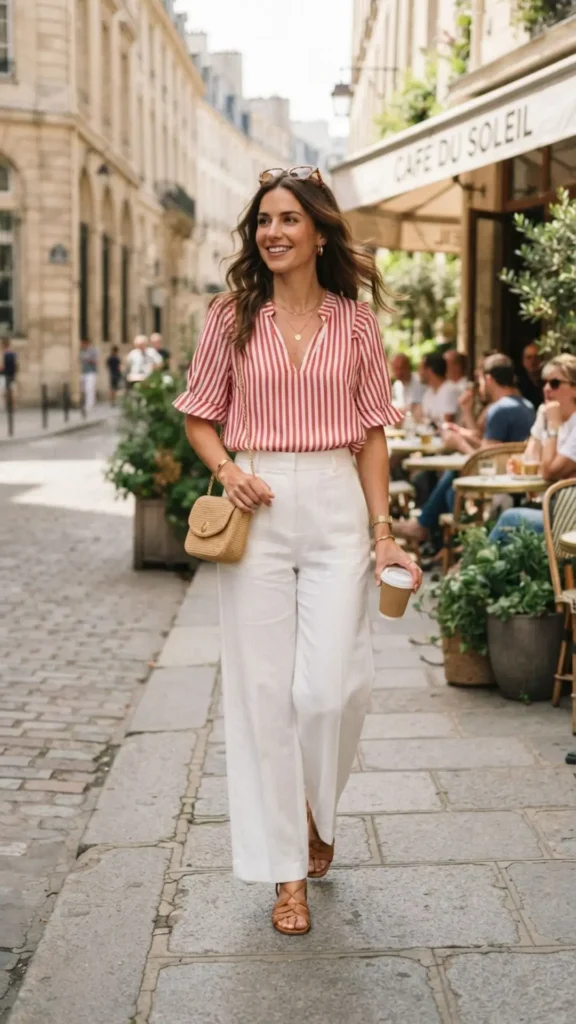 White wide-leg pants with a red striped blouse for Labor Day.