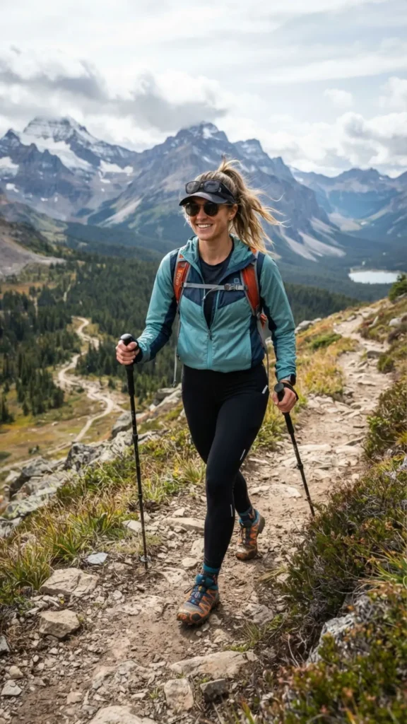Lightweight windbreaker with leggings and trail runners for outdoor activities.