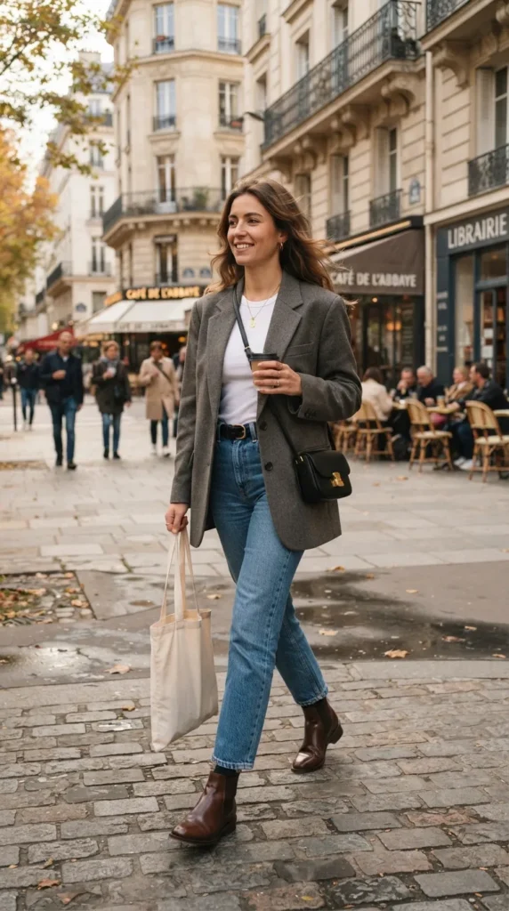 A tailored blazer styled with classic jeans and ankle boots for a polished yet effortlessly chic fall outfit.