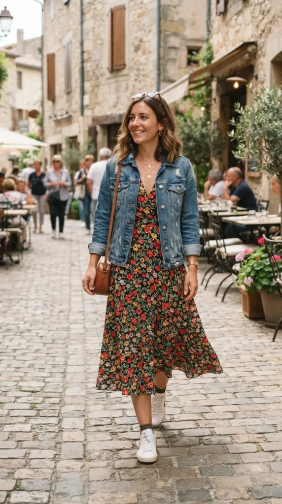 A classic denim jacket layered over a feminine midi dress for an effortless and stylish fall outfit.