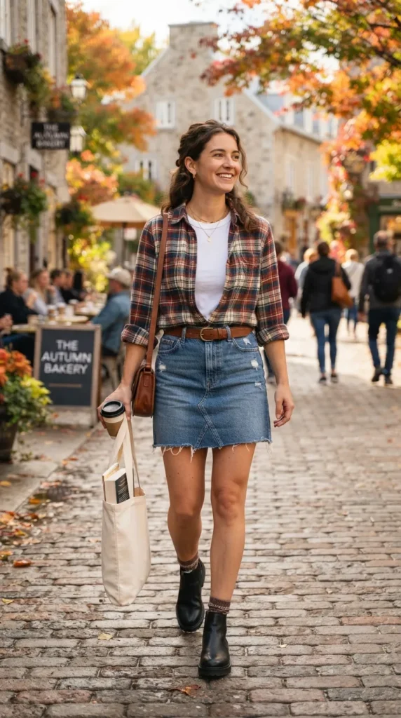 A cozy flannel shirt paired with a denim skirt for a casual, stylish, and effortlessly chic fall look.