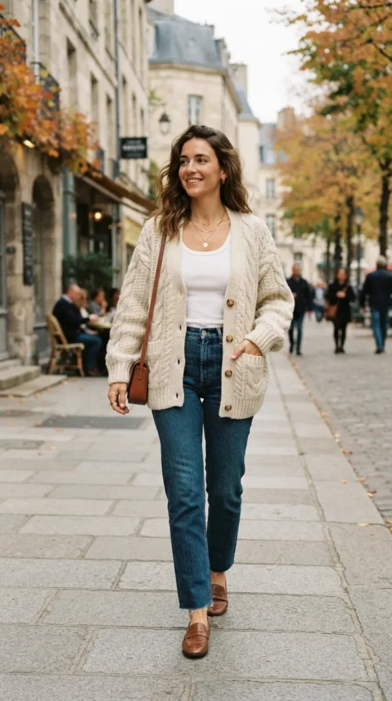 A cozy knit cardigan paired with straight-leg jeans for a relaxed, polished, and timeless fall look.
