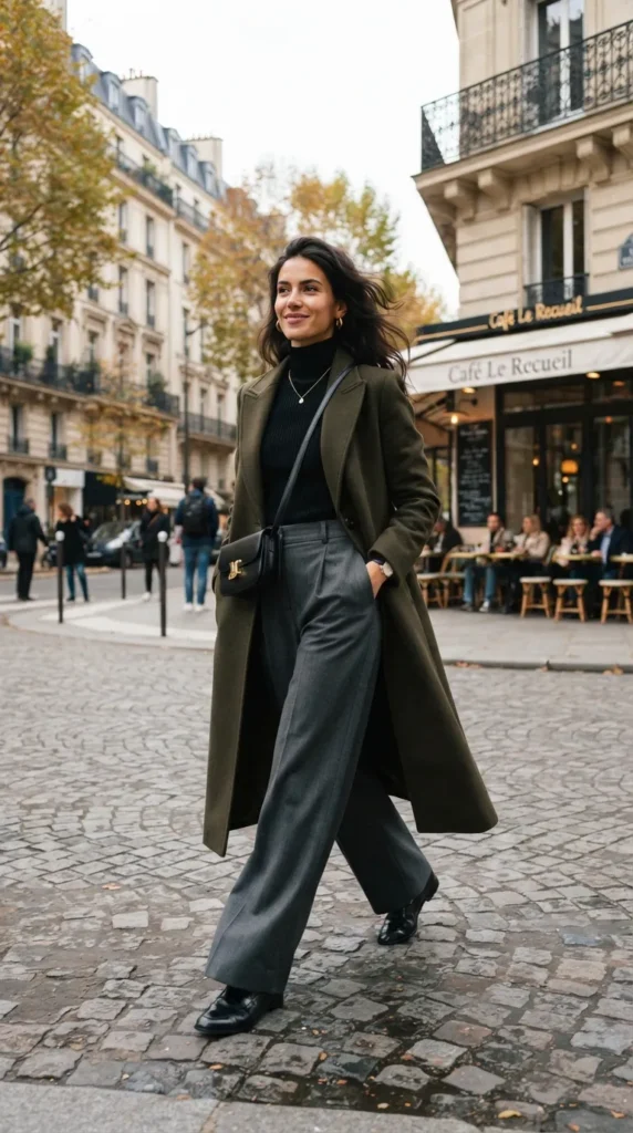 A sophisticated long coat paired with wide-leg pants for a polished, modern, and effortlessly elegant fall look.