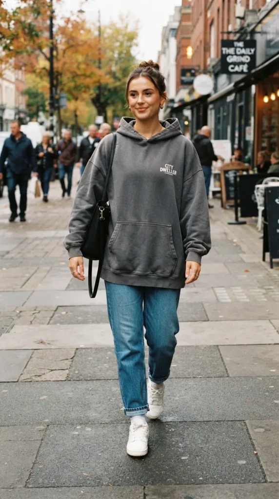 A relaxed oversized hoodie paired with straight-leg jeans for a cozy, casual, and effortlessly stylish fall look.