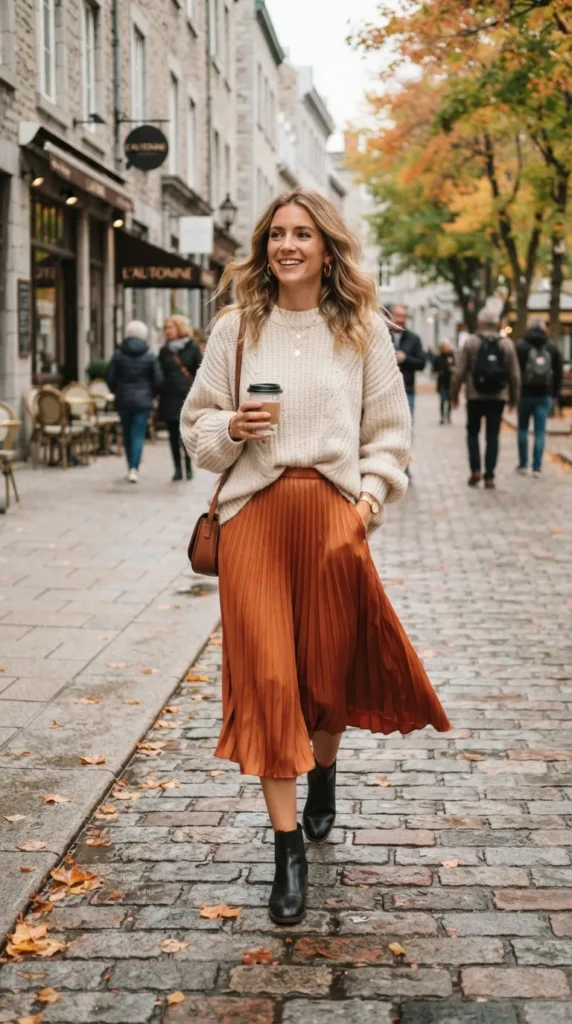 A cozy oversized sweater paired with a flowing midi skirt for a chic, feminine, and effortlessly stylish fall look.