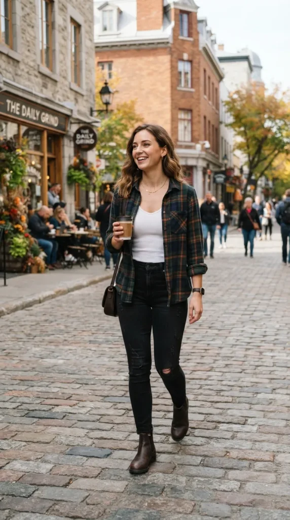 A classic plaid shirt styled with black jeans for a chic, casual, and effortlessly polished fall outfit.
