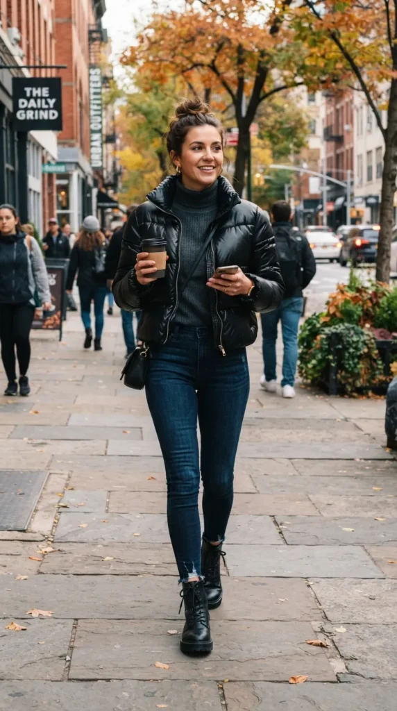 A cozy puffer jacket styled with skinny jeans for a warm, casual, and practical fall outfit.