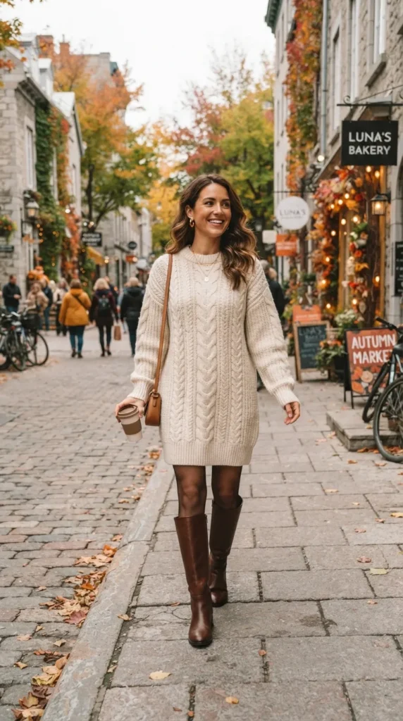A cozy sweater dress paired with knee-high boots for a chic, feminine, and effortlessly polished fall look.