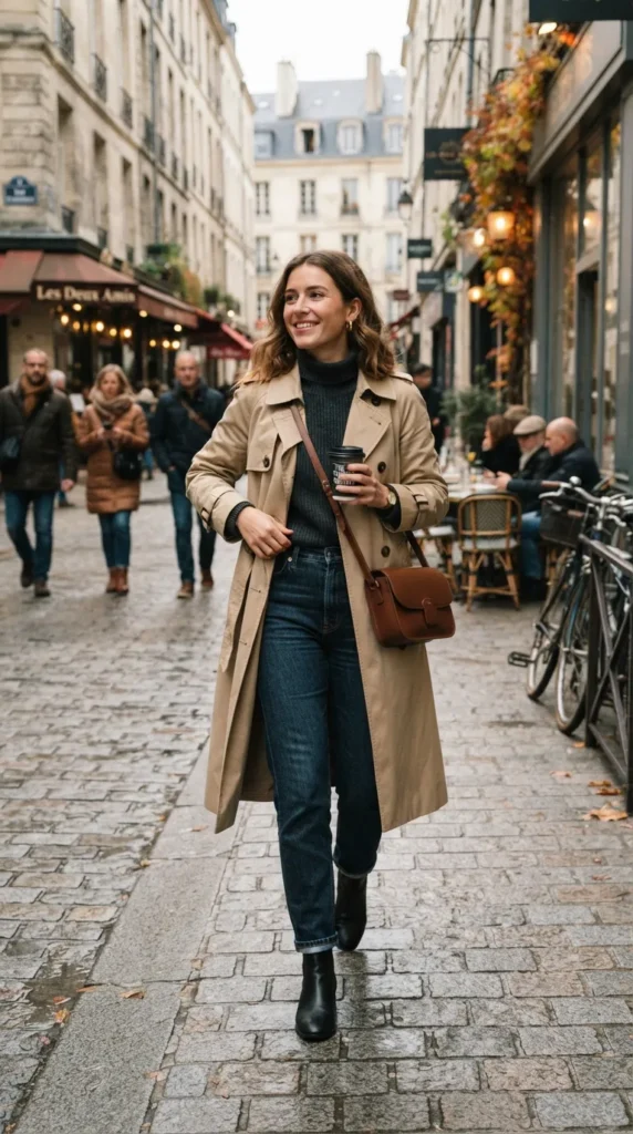 A chic trench coat layered over a cozy sweater with classic jeans for a polished fall look.