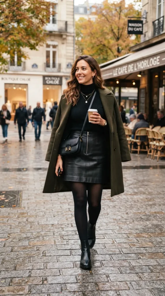 A sleek turtleneck styled with a leather skirt for a chic, sophisticated, and effortlessly stylish fall outfit.