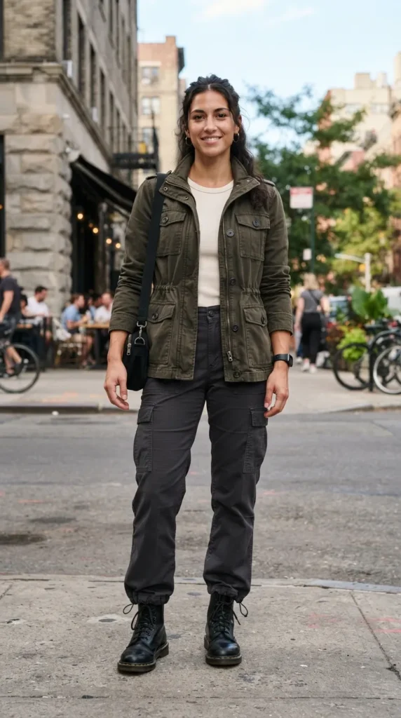 A practical utility jacket paired with cargo pants for a relaxed, trendy, and effortlessly cool fall outfit.