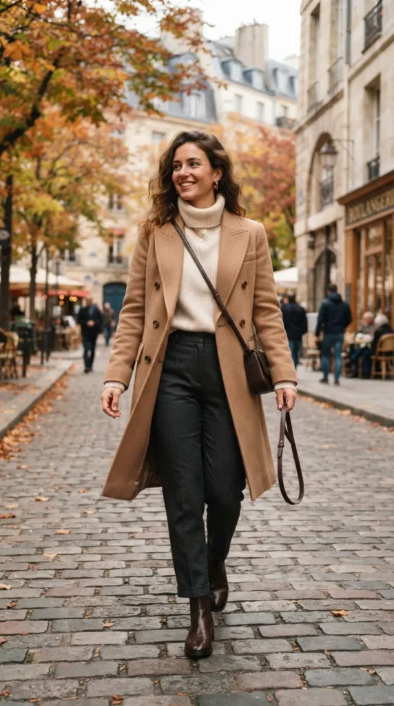 A warm wool coat layered over a sleek turtleneck and tailored pants for an elegant and sophisticated fall look.